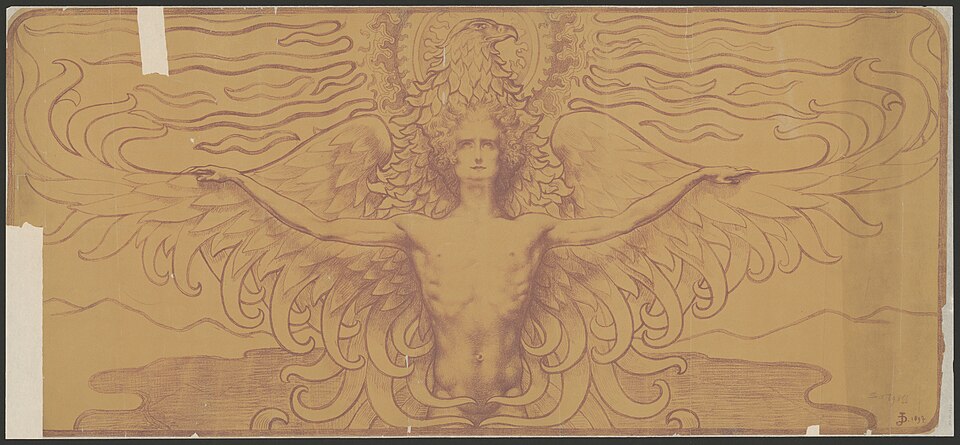 Young man with outstretched arms on the wings of an eagle