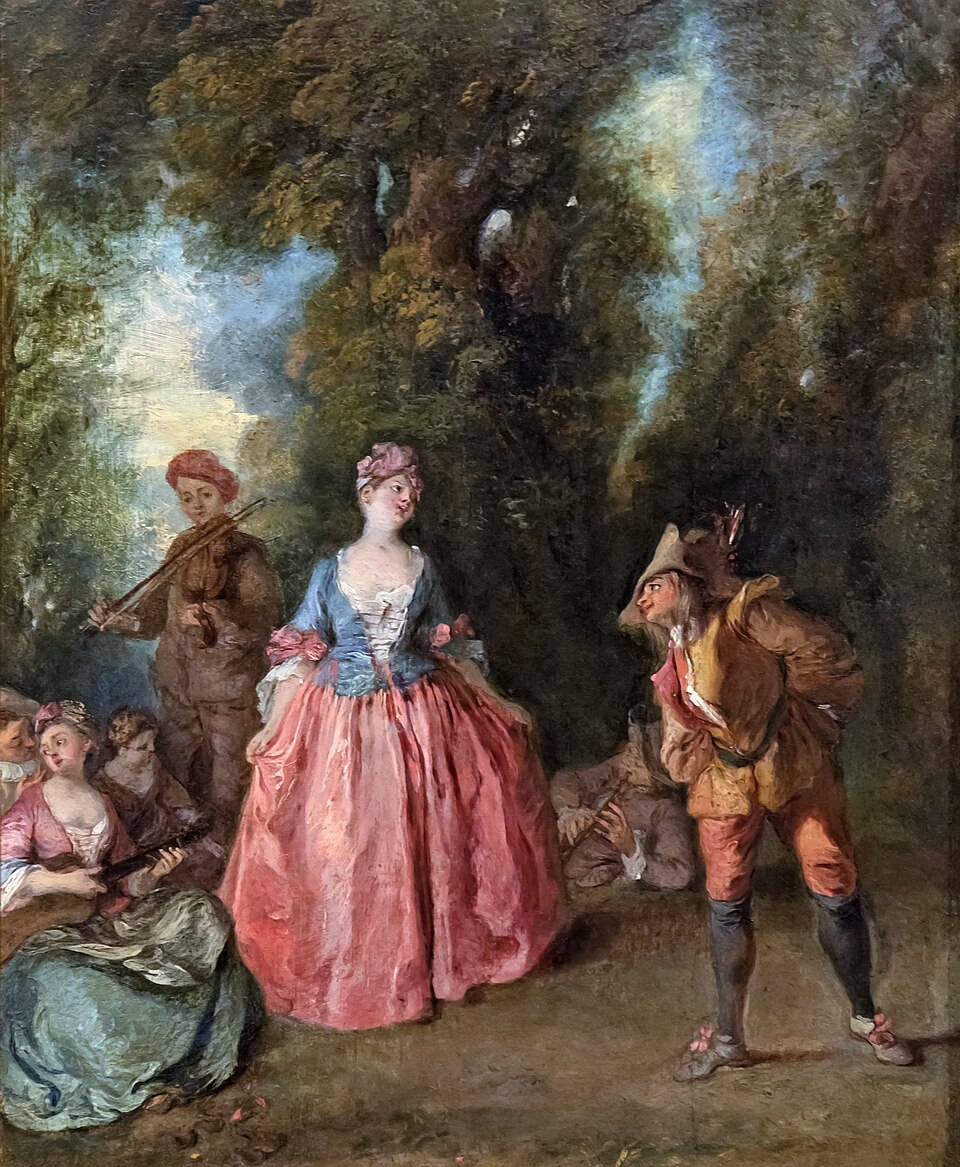 Gallant feast representing a lady dancing with Pulcinella