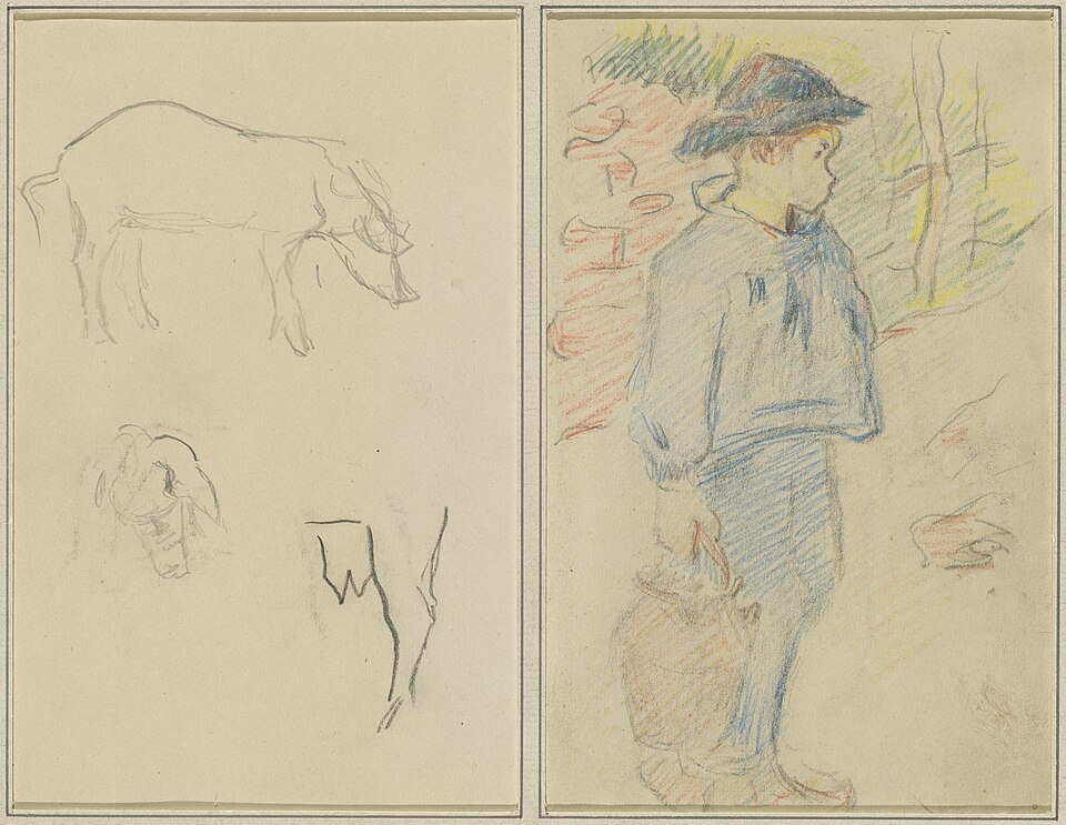 ポール・ゴーギャン：Three Studies of a Pig; Breton Boy Walking with a Jug [recto]