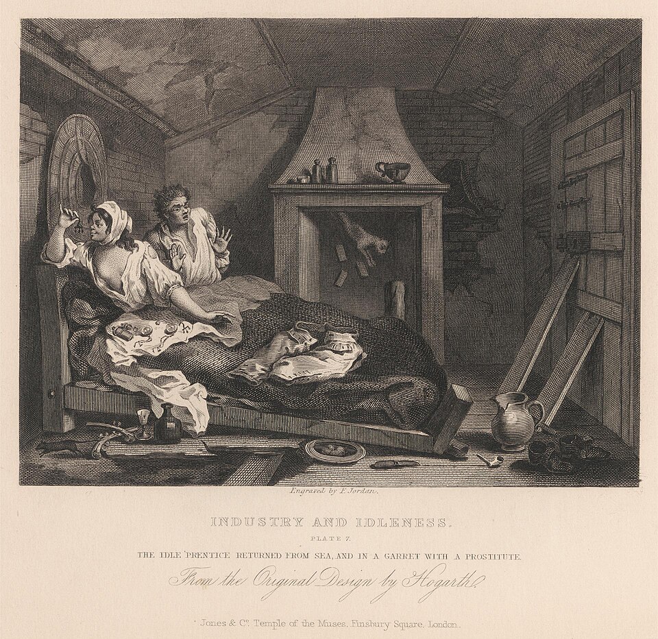 Industry and Idleness, Plate VII, The Idle 'Prentice Returned from Sea, and in a Garret with a Prostitute