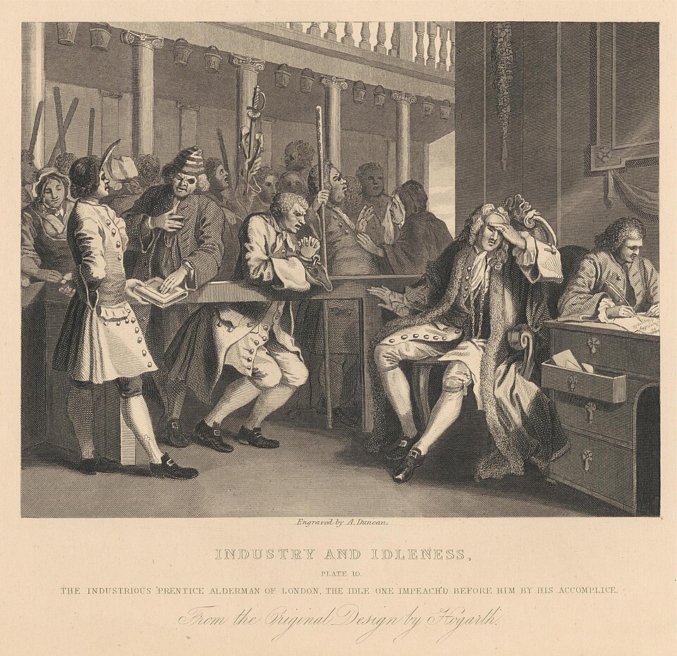 Industry and Idleness, Plate X, The Industrious 'Prentice Alderman of London, the Idle One Impeach'd before Him by His Accomplice