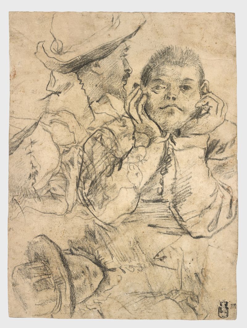 Four Studies of Heads Drawn over a Copy of Saint John the Evangelist by Correggio (recto); Three Studies of Men (verso)