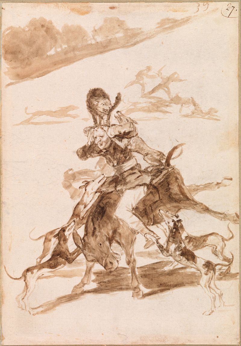 Dogs Chasing a Cat on a Man on a Donkey