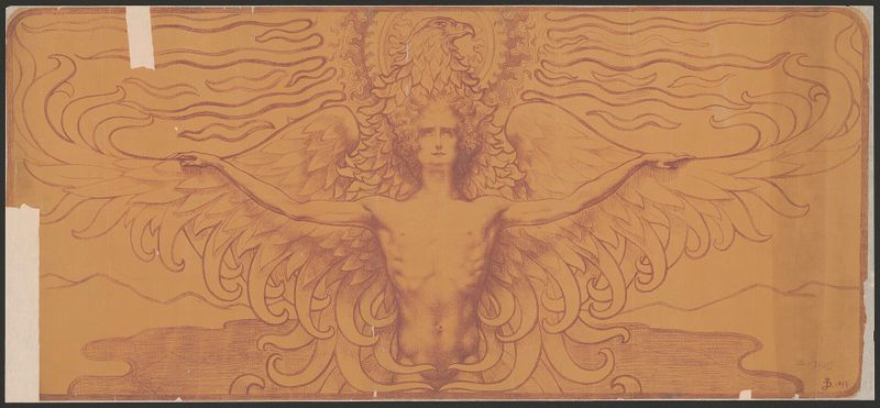 Young man with outstretched arms on the wings of an eagle