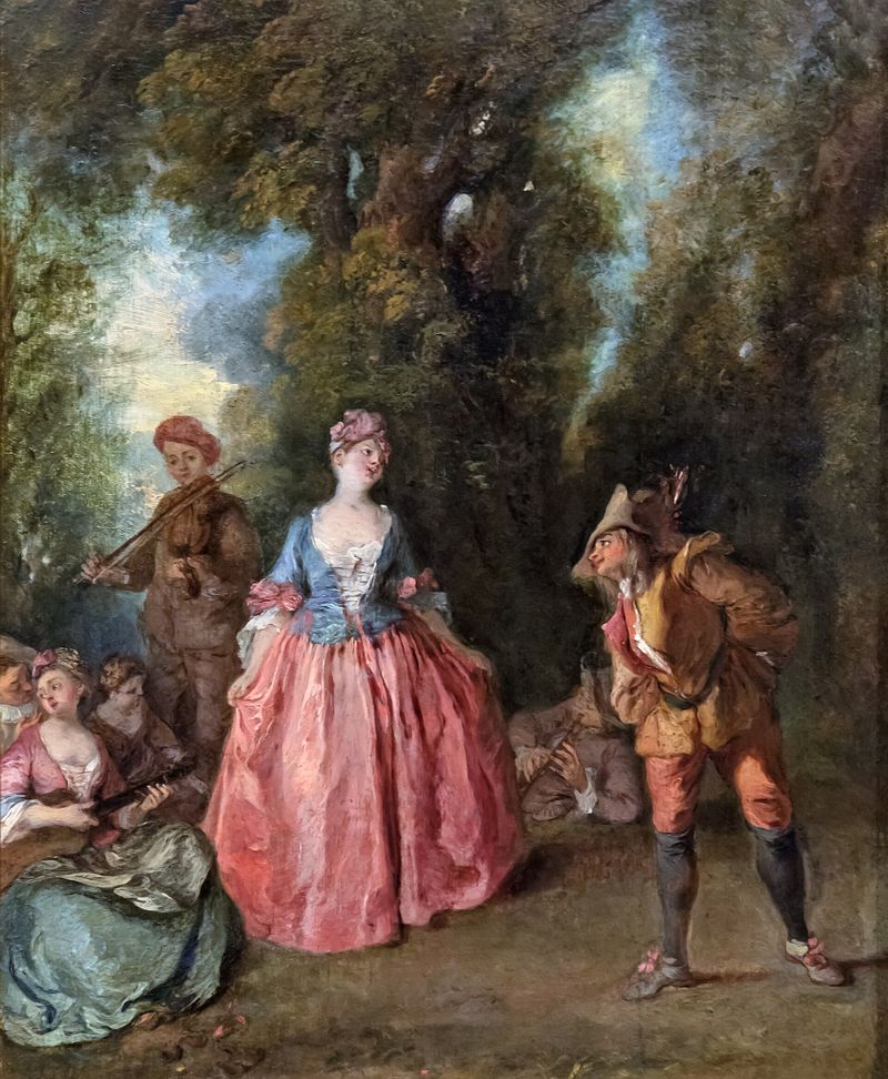 Gallant feast representing a lady dancing with Pulcinella