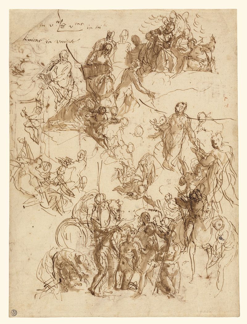 Sheet of Studies for "The Martyrdom of Saint George" (recto); Studies of a House, Tree, Heads, Artist's Tools, Decorative Motifs