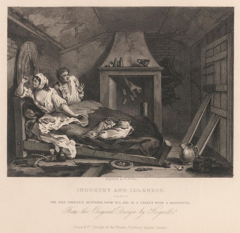 Industry and Idleness, Plate VII, The Idle 'Prentice Returned from Sea, and in a Garret with a Prostitute