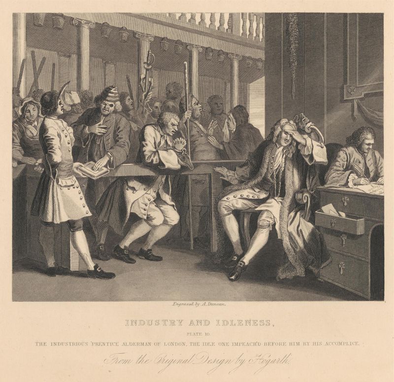 Industry and Idleness, Plate X, The Industrious 'Prentice Alderman of London, the Idle One Impeach'd before Him by His Accomplice